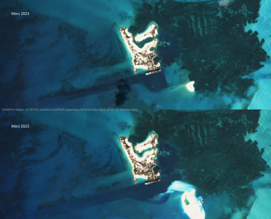 Veränderungen von Ocean Cay im Satellitenbild-Vergleich