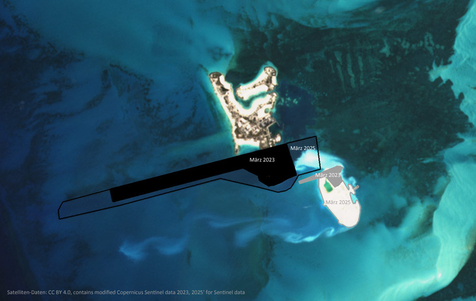 Veränderungen von Ocean Cay im Satellitenbild-Vergleich