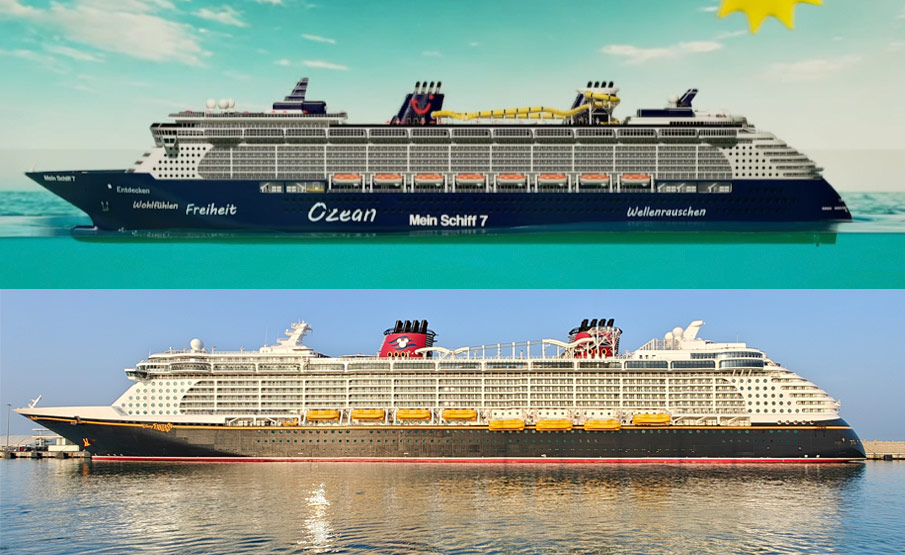 Screenshot des KI-generierten Zwischentitels im ZDF-Film und ein aktuelles Vergleichsfoto der Disney Fantasy