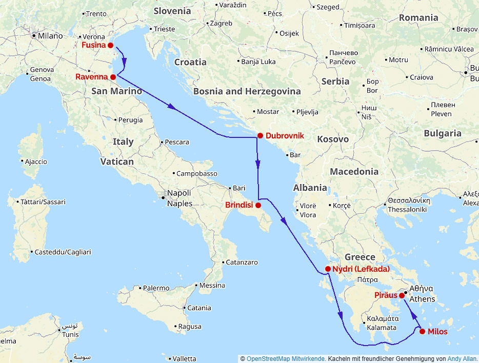 Fahrtroute der Explora I, August 2025, östliches Mittelmeer