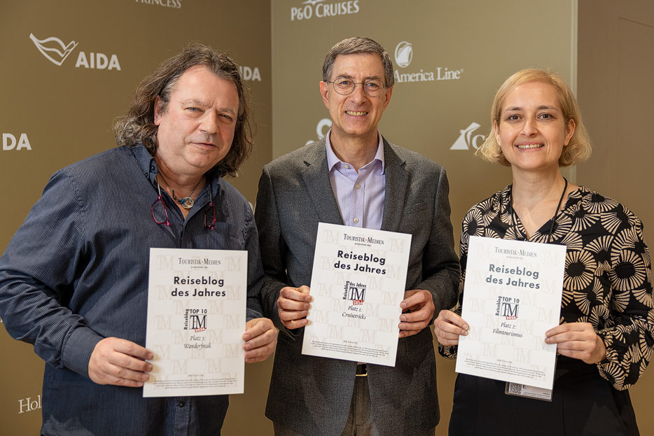 Die Top 3 der Reiseblogs des Jahres: Andrea David, Franz Neumeier und Jörn Bornmann. (Bild: Marc Klein)
